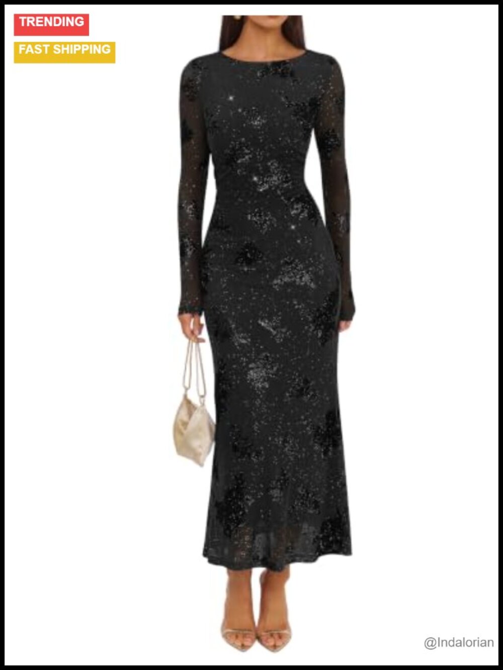 ZESICA Women's Floral Sequin Stretch Mesh Maxi Dress Long Sleeve Ruched Formal
